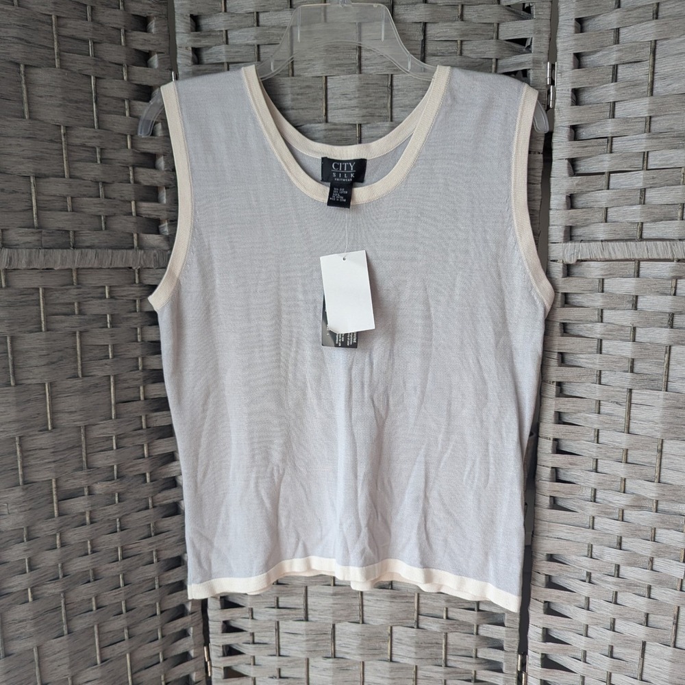 City Silk Knit Top Light Gray Cream Trim Silk Cotton Blend Sz L Office Neutral